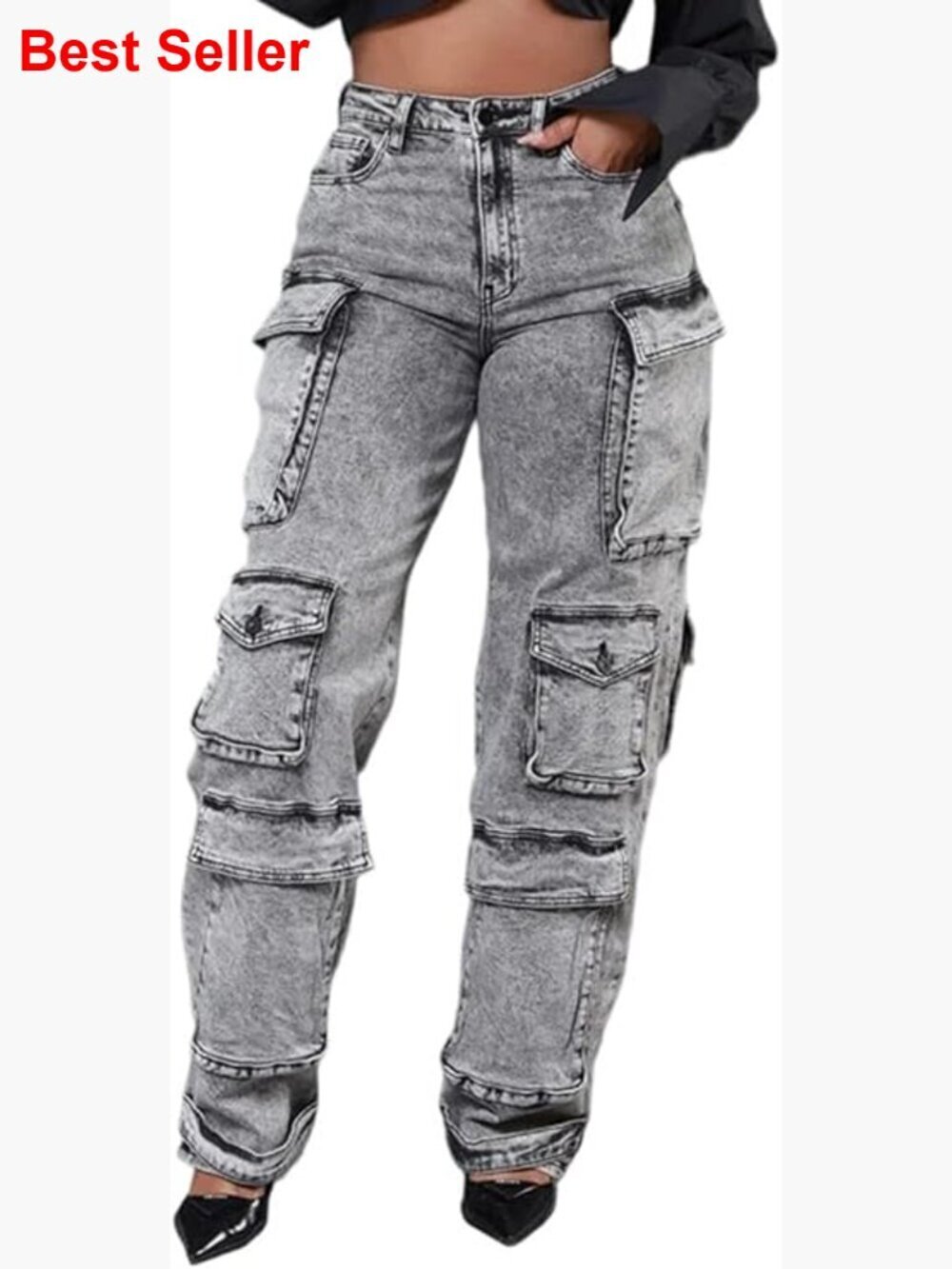 High Waisted Wide Leg Cargo Jeans with Stretchy Polyester Spandex Fabric